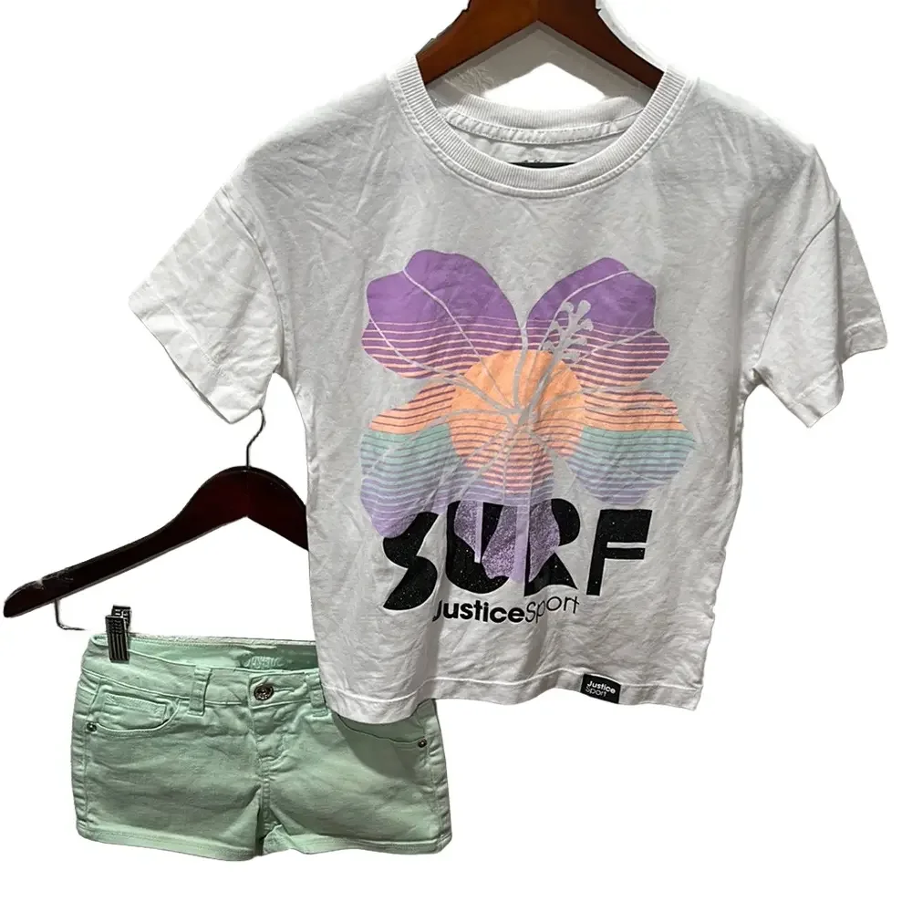 Justice White and Purple Surf Tee Short Sleeve& Green shorts SET size 10 GUC